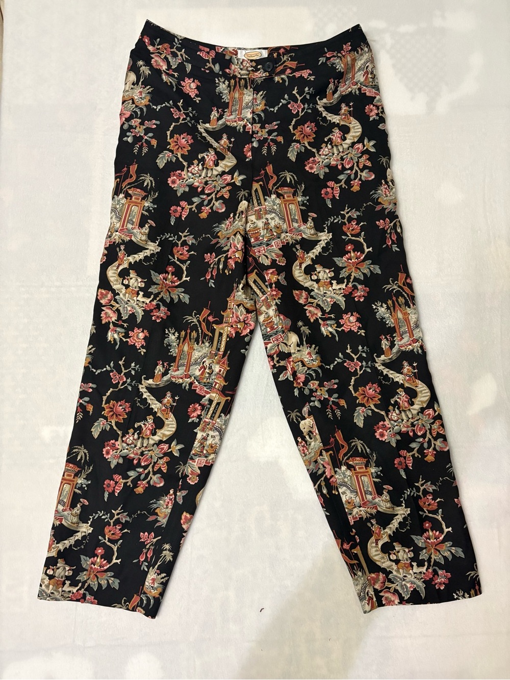 Vintage Talbots Silk Black Floral Oriental Print  pants  Size 8 Petite